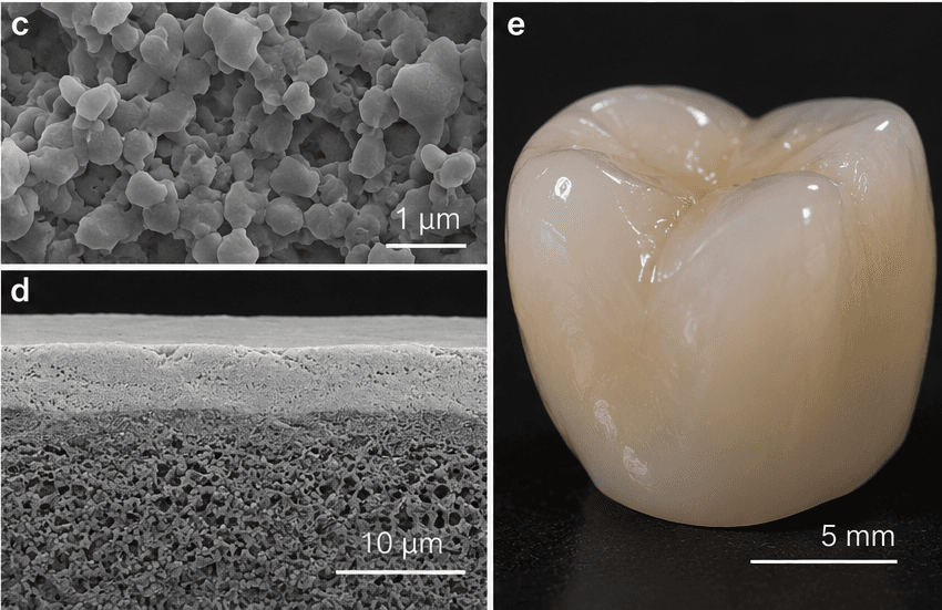 Electron microscope views of sintered ceramic microstructure beside a finished zirconia crown.